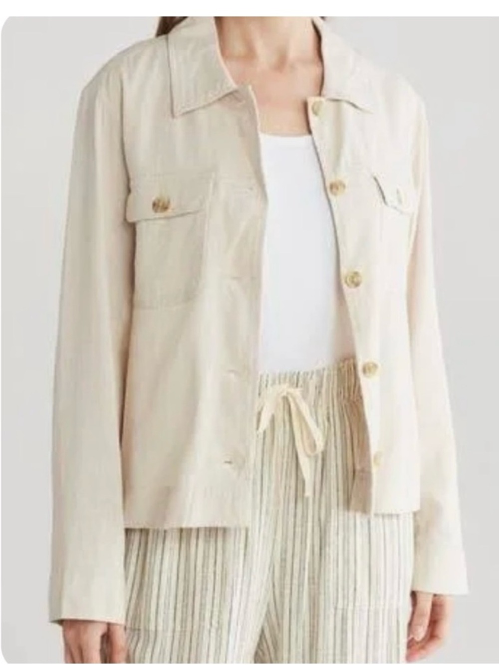 Lucky Brand Linen Blend Utility Lagenlook Boho Jacket Ivory/ Cream/Beige Medium